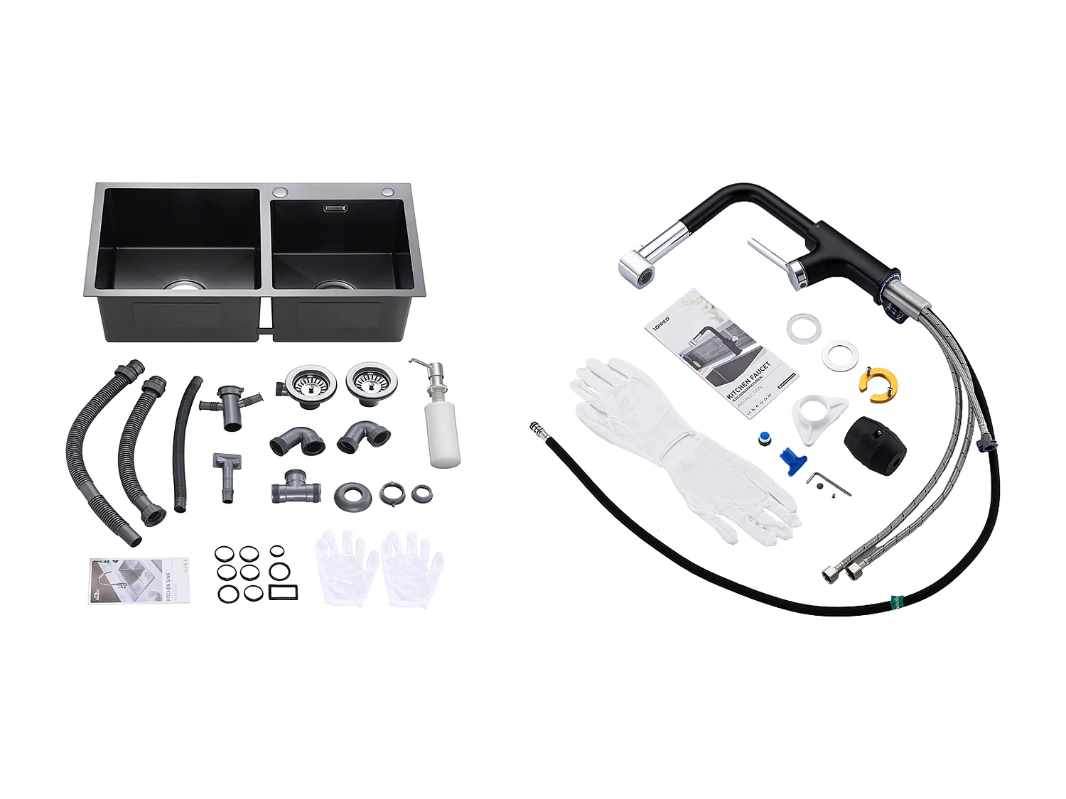 2 en 1 Évier  Cuisine 2 Bac ,Noir,75x45x19cm,Encastré/ à Poser avec Distributeur  Savon+ Robinet de Cuisine Inox Extractible Rotatif à 360 °