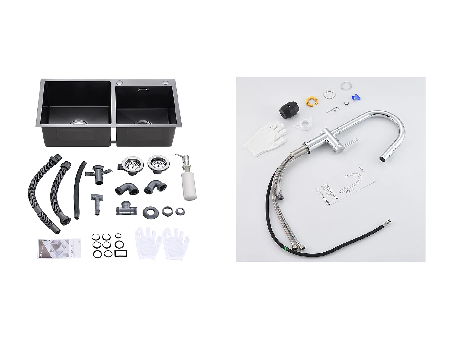 2 en 1 Évier de Cuisine 2 Bac Noir,75x45x19cm,Encastré/ à Poser avec Distributeur  Savon+robinet cuisine rétractable à deux fonctions, chromé