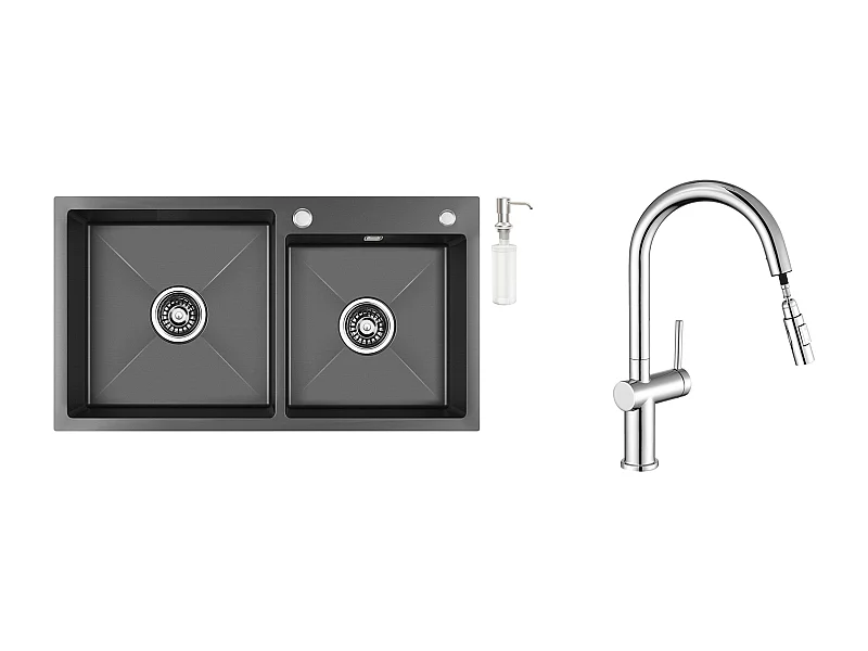 2 en 1 Évier de Cuisine 2 Bac Noir,75x45x19cm,Encastré/ à Poser avec Distributeur  Savon+robinet cuisine rétractable à deux fonctions, chromé