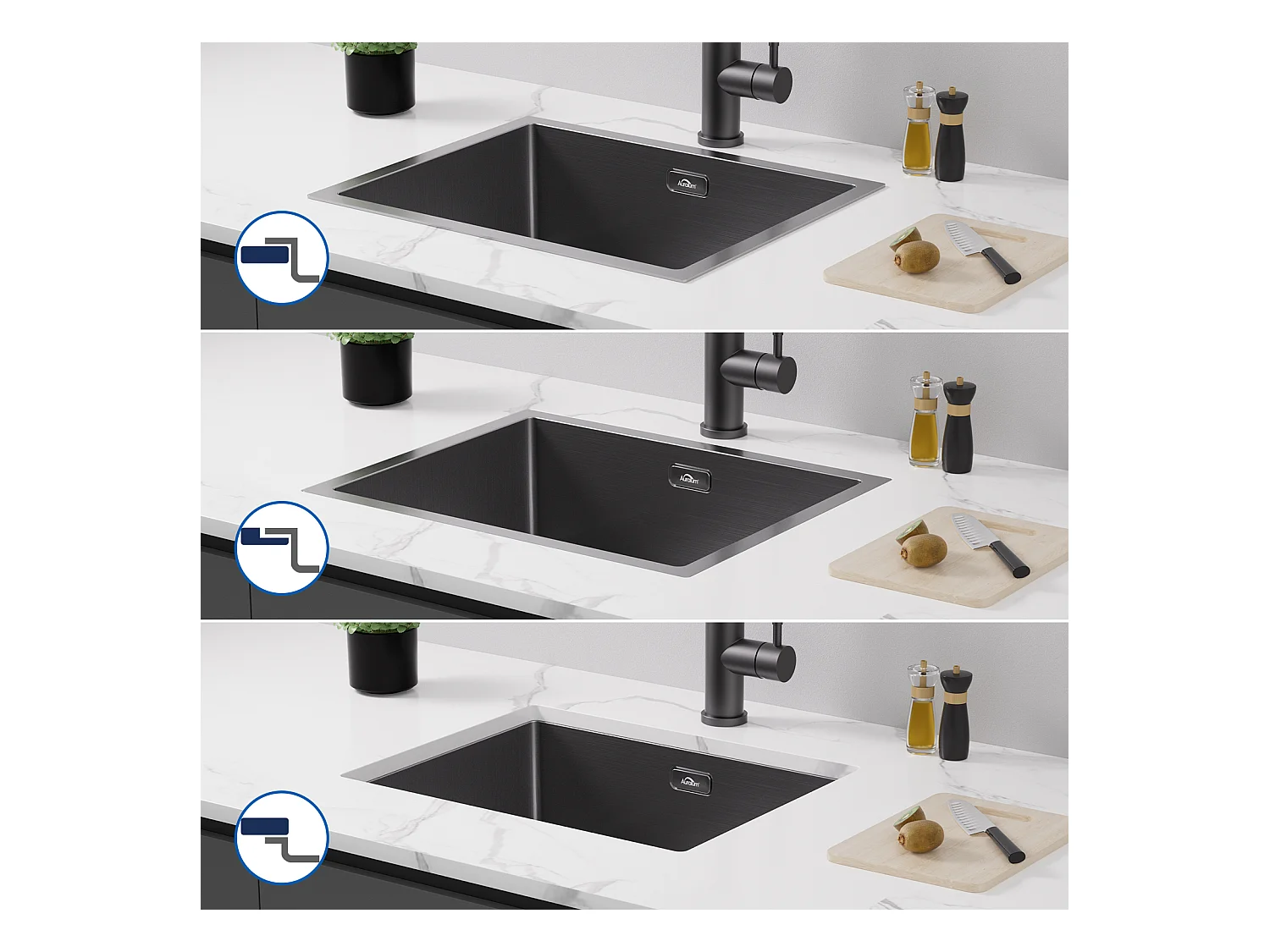 AuraLum Max Évier Cuisine 1 Bac 55*44*19CM Évier Montage à Encastrer,à Fleur ou Sous-Plan Évier Noir en Acier Inox avec Siphon et Trop-Plein,EU Modèle