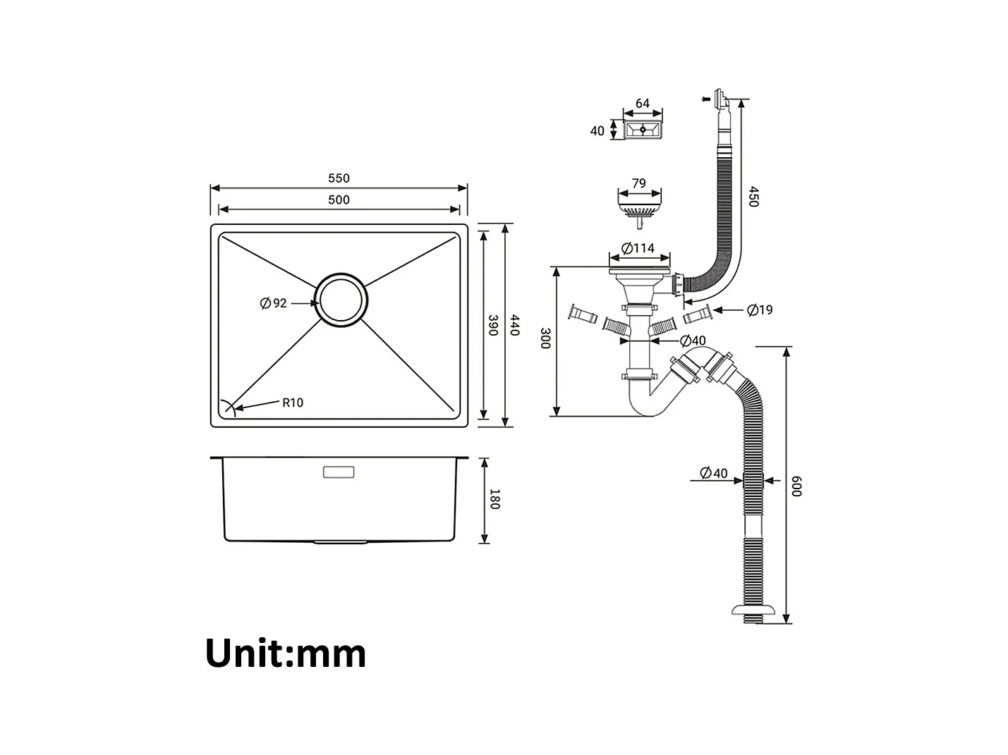 AuraLum Max Évier Cuisine 1 Bac 55*44*19CM Évier Montage à Encastrer,à Fleur ou Sous-Plan Évier Noir en Acier Inox avec Siphon et Trop-Plein,EU Modèle