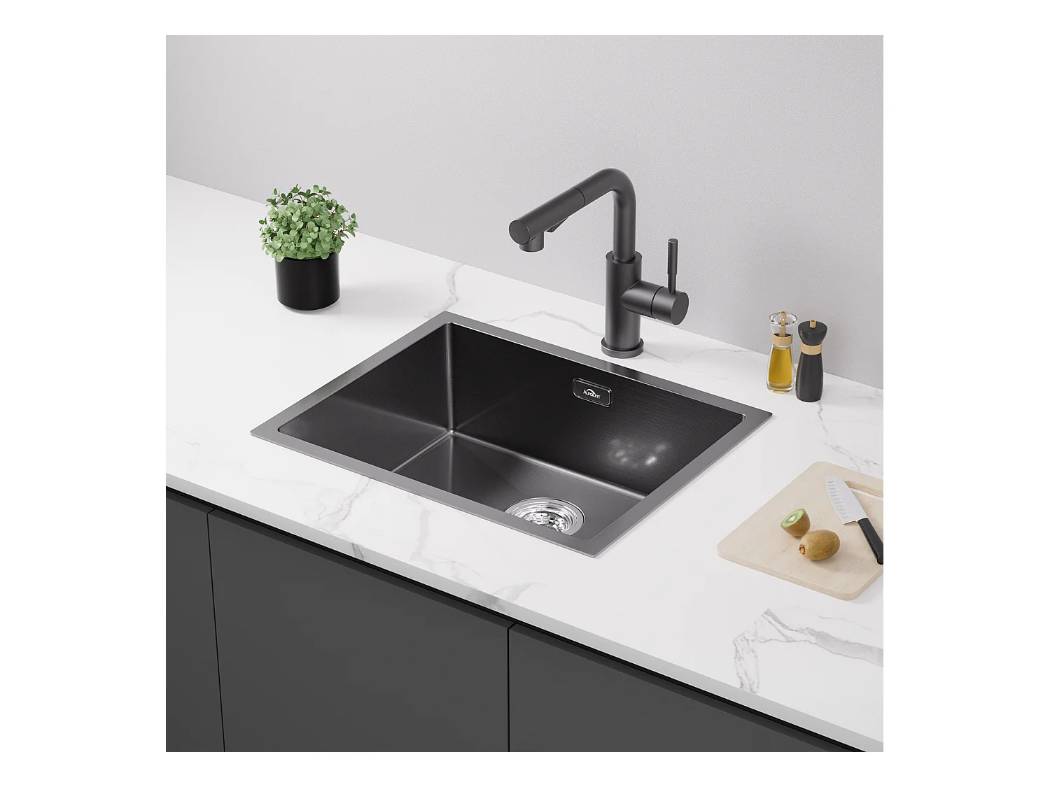 AuraLum Max Évier Cuisine 1 Bac 55*44*19CM Évier Montage à Encastrer,à Fleur ou Sous-Plan Évier Noir en Acier Inox avec Siphon et Trop-Plein,EU Modèle