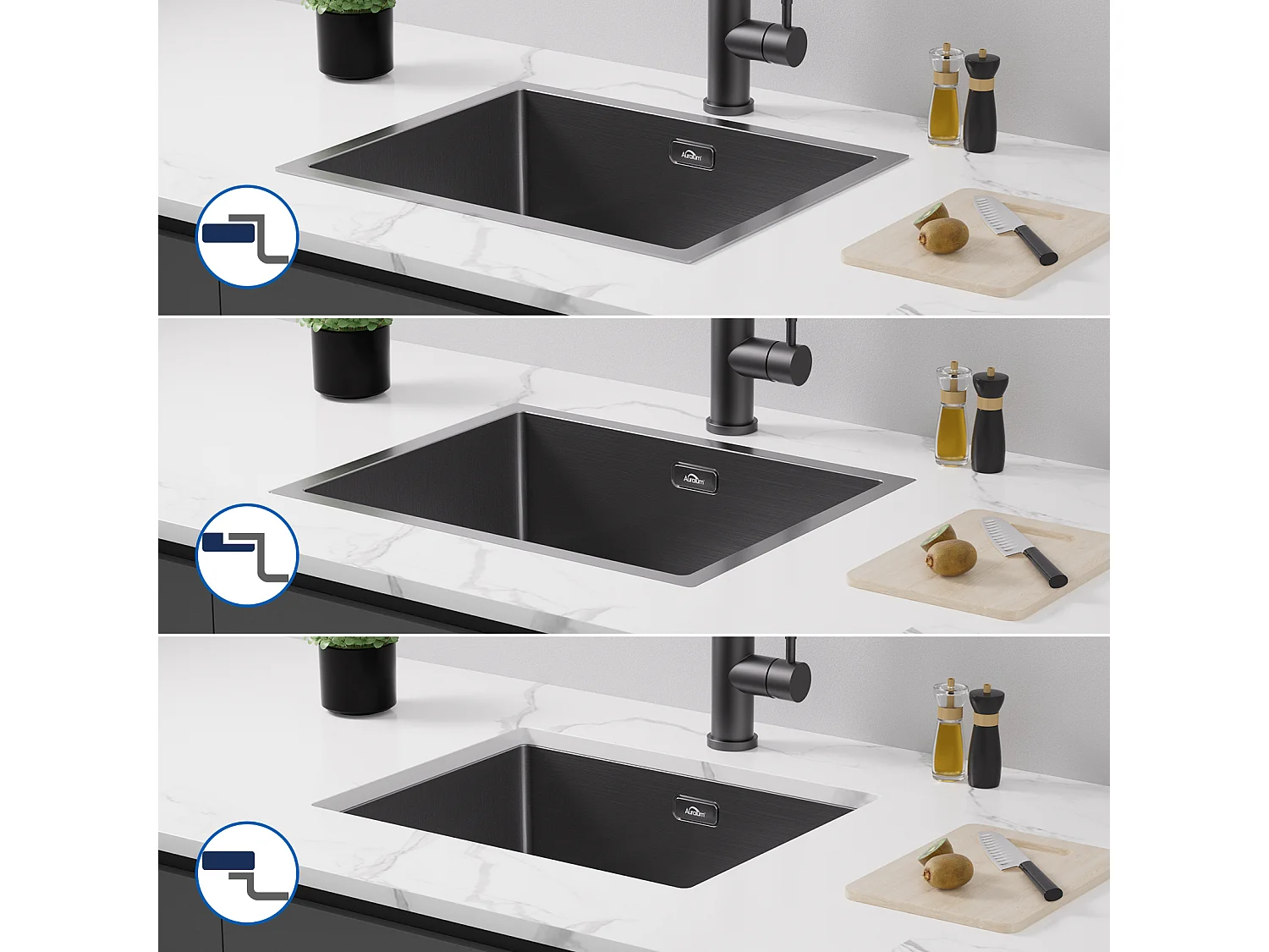 AuraLum Max Évier Cuisine 1 Bac 55*44*19CM Évier Montage à Encastrer,à Fleur ou Sous-Plan Évier Noir en Acier Inox avec Siphon et Trop-Plein,EU Modèle