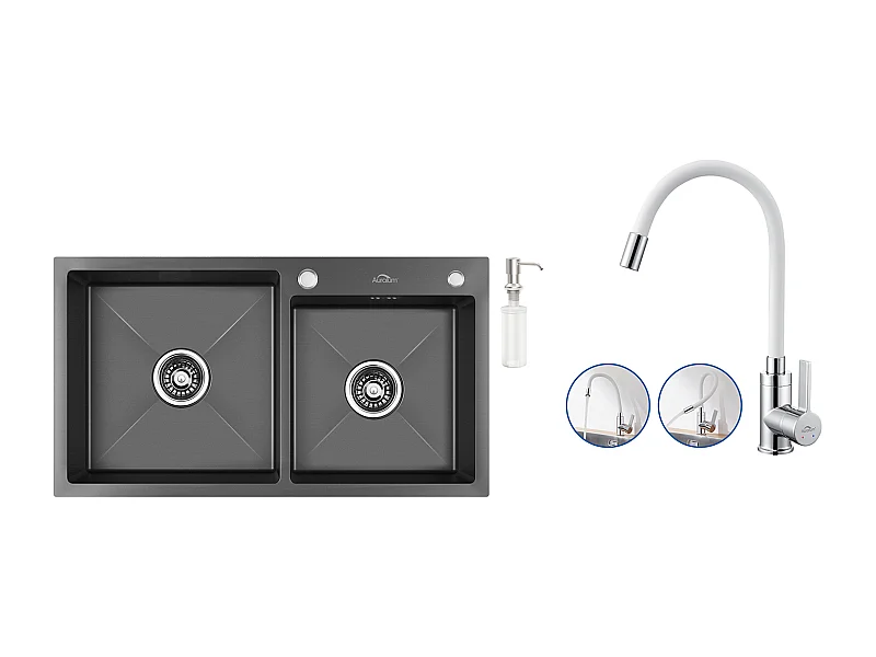 Lavello Cucina 2 Vassoi, Nero,75x45x19cm,Incasso/da Posare con Distributore di Sapone+Rubinetto Cucina Flessibile Becco Alto Orientabile Liberamente