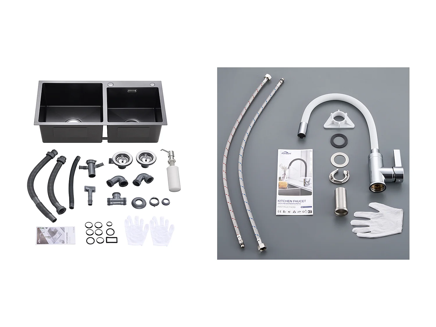 2en1 Évier Cuisine 2 Bacs,Noir,75x45x19cm,Encastré/à Poser avec Distributeur Savon+Robinet Cuisine Flexible Bec Haut Orientable Librement