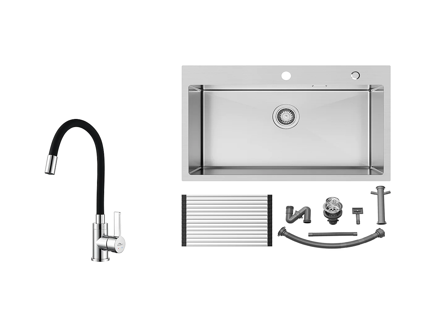 Auralum MAX Évier Cuisine 1 Cuve Inox Brossé75*45*19CM-Évieravec Égouttoir pliable+Robinet de Cuisine Flexible Bec Haut Orientable