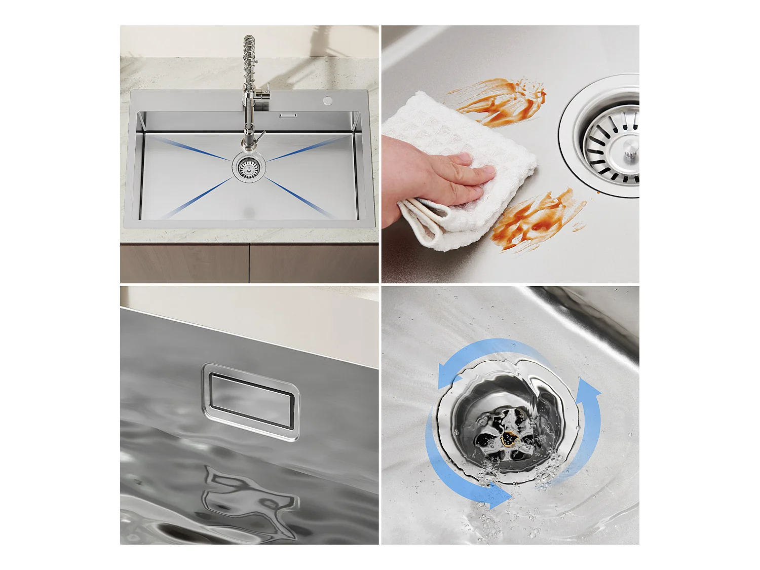Auralum MAX Évier Cuisine 1 Cuve Inox Brossé75*45*19CM-Évieravec Égouttoir pliable+Robinet de Cuisine Flexible Bec Haut Orientable