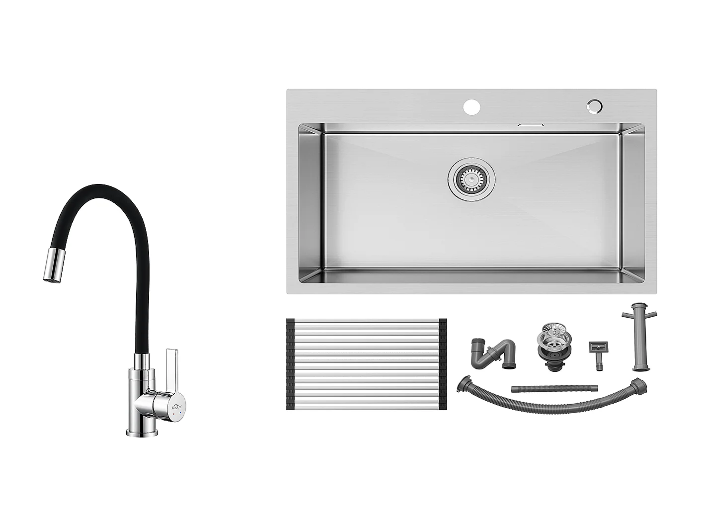 Auralum MAX Küchenspüle, 1 Becken, gebürsteter Edelstahl, 75 x 45 x 19 cm – Spüle mit faltbarer Abtropffläche + flexiblem Küchenhahn, hoher schwenkbarer Auslauf