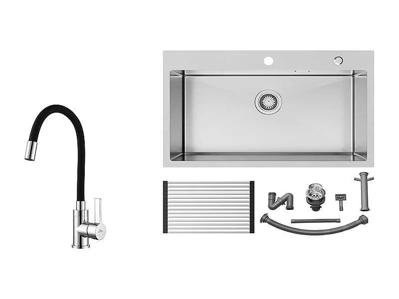 Auralum MAX Küchenspüle, 1 Becken, gebürsteter Edelstahl, 75 x 45 x 19 cm – Spüle mit faltbarer Abtropffläche + flexiblem Küchenhahn, hoher schwenkbarer Auslauf