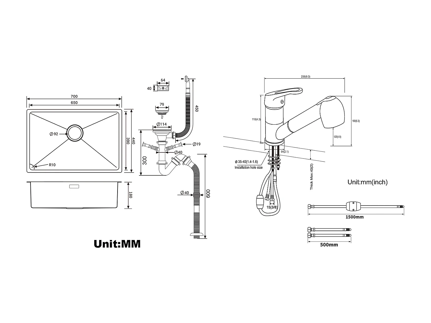 Évier Cuisine 1Bac 70*44*19CM,à Encastrer/Fleur/Sous-Plan,avec Siphon/Trop-Plein,Brossé+Robinet Cuisine Noir avec Douchette Extractible 2 Jets à 360°