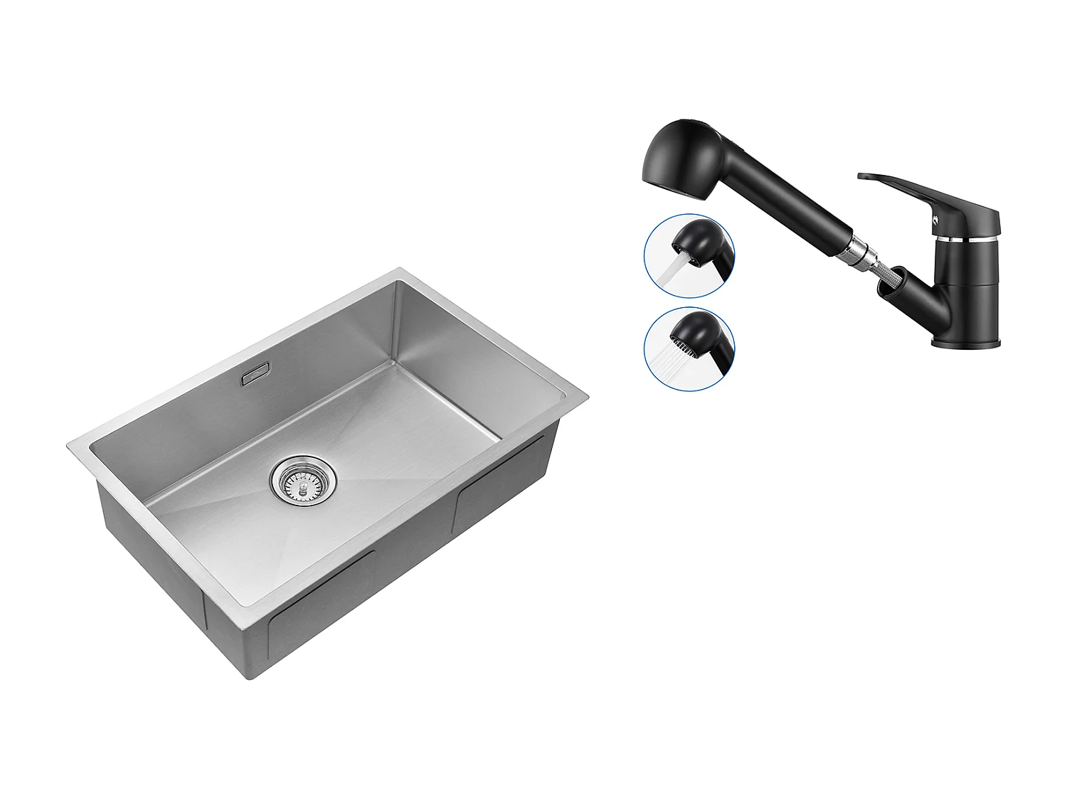 Évier Cuisine 1Bac 70*44*19CM,à Encastrer/Fleur/Sous-Plan,avec Siphon/Trop-Plein,Brossé+Robinet Cuisine Noir avec Douchette Extractible 2 Jets à 360°