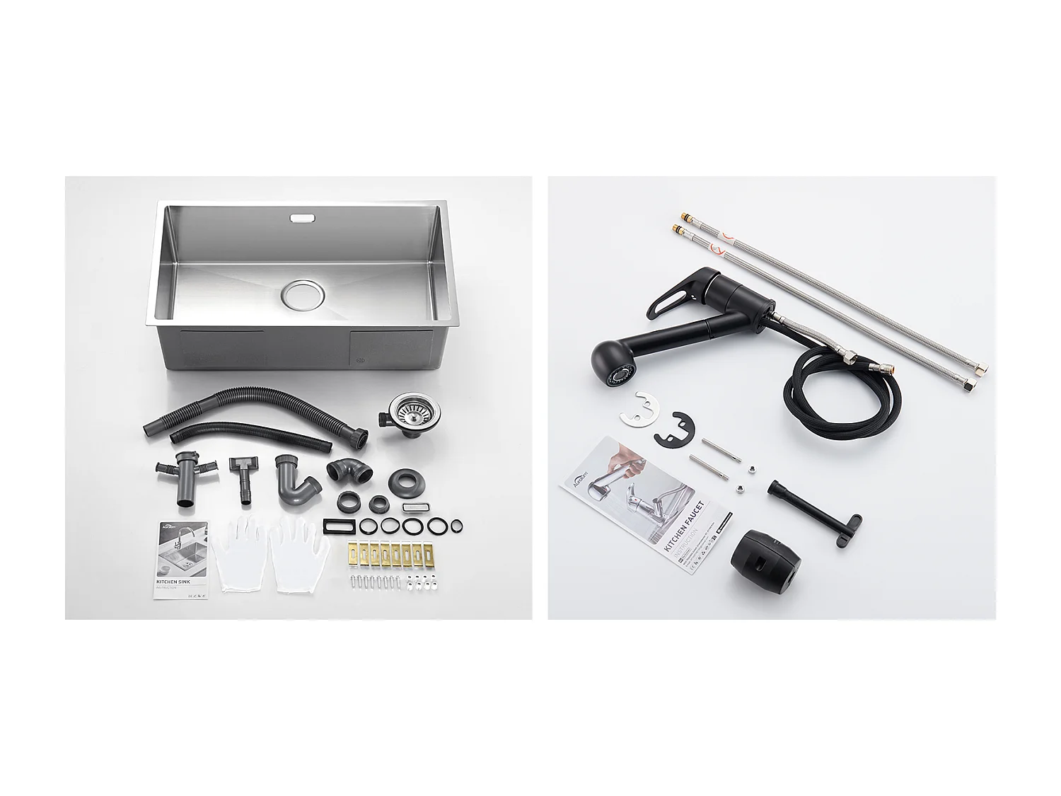 Évier Cuisine 1Bac 70*44*19CM,à Encastrer/Fleur/Sous-Plan,avec Siphon/Trop-Plein,Brossé+Robinet Cuisine Noir avec Douchette Extractible 2 Jets à 360°