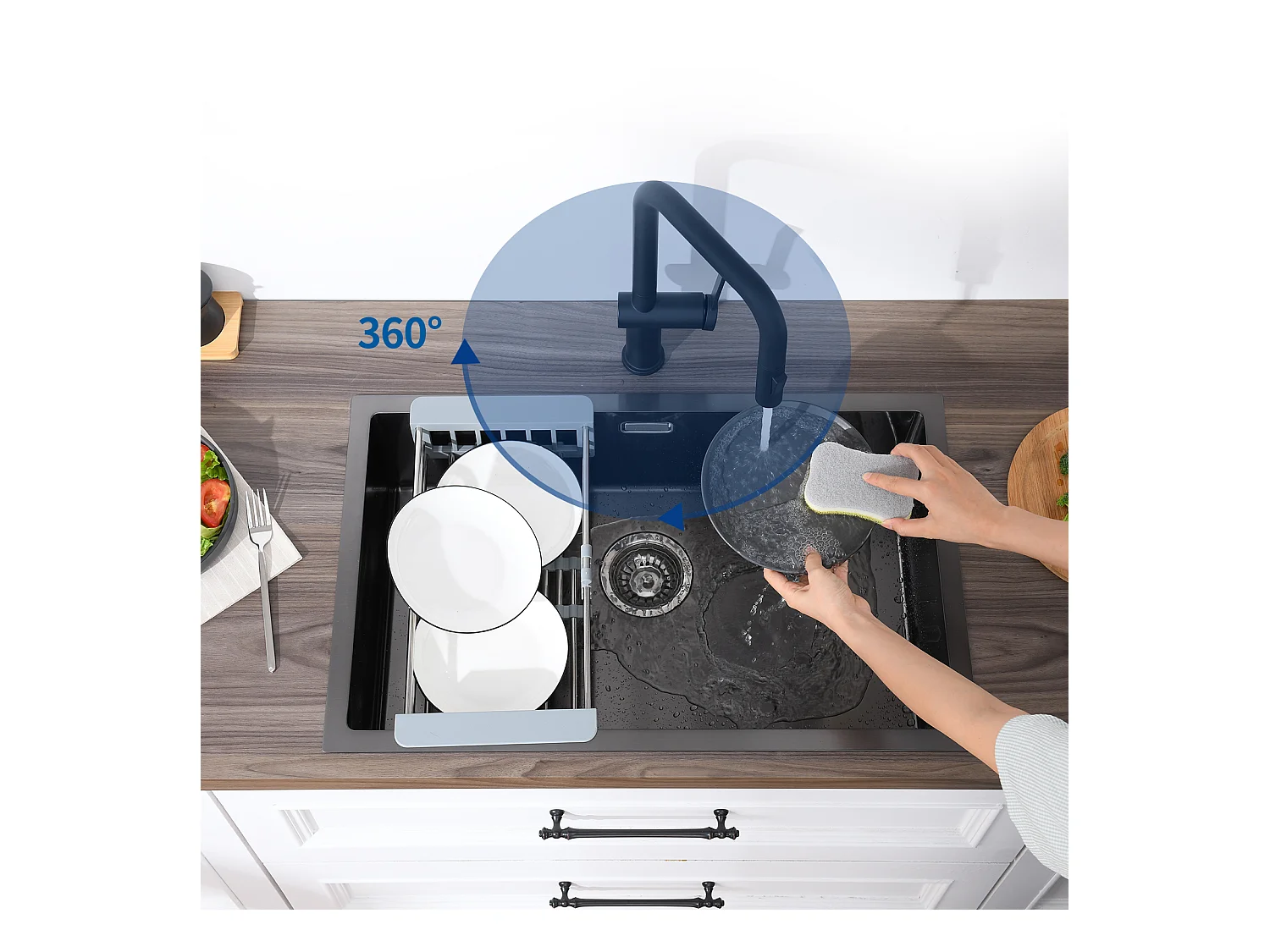 Auralum MAX Évier de Cuisine 1 Bac 75 x 45 cm,Évier Inox Noir avec Égouttoir Pliable+Robinet Cuisine avec Douchette Extractible,2 Fonctions,Noir