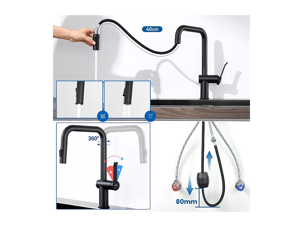 Auralum MAX Évier de Cuisine 1 Bac 75 x 45 cm,Évier Inox Noir avec Égouttoir Pliable+Robinet Cuisine avec Douchette Extractible,2 Fonctions,Noir