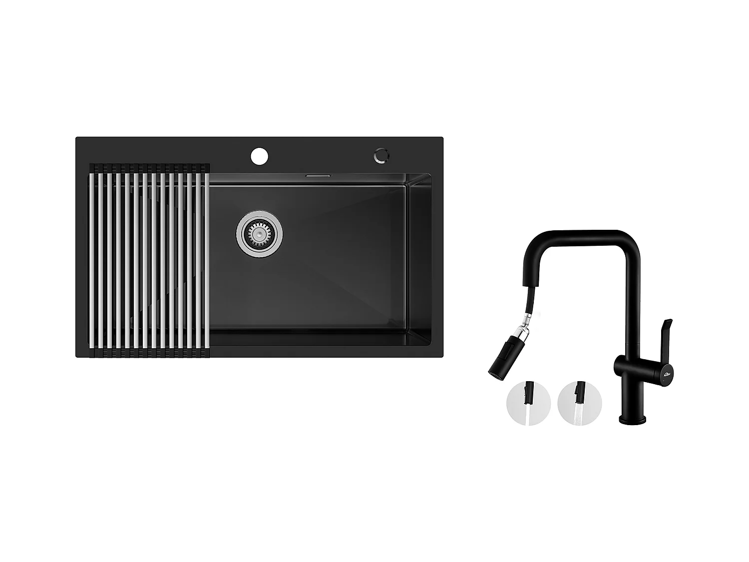 Auralum MAX Évier de Cuisine 1 Bac 75 x 45 cm,Évier Inox Noir avec Égouttoir Pliable+Robinet Cuisine avec Douchette Extractible,2 Fonctions,Noir
