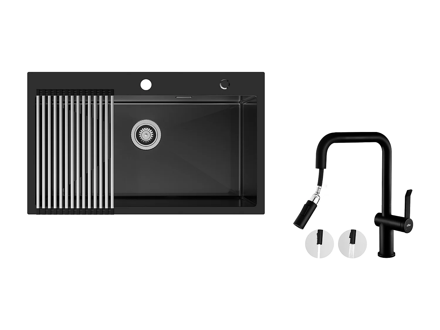 Auralum MAX Évier de Cuisine 1 Bac 75 x 45 cm,Évier Inox Noir avec Égouttoir Pliable+Robinet Cuisine avec Douchette Extractible,2 Fonctions,Noir