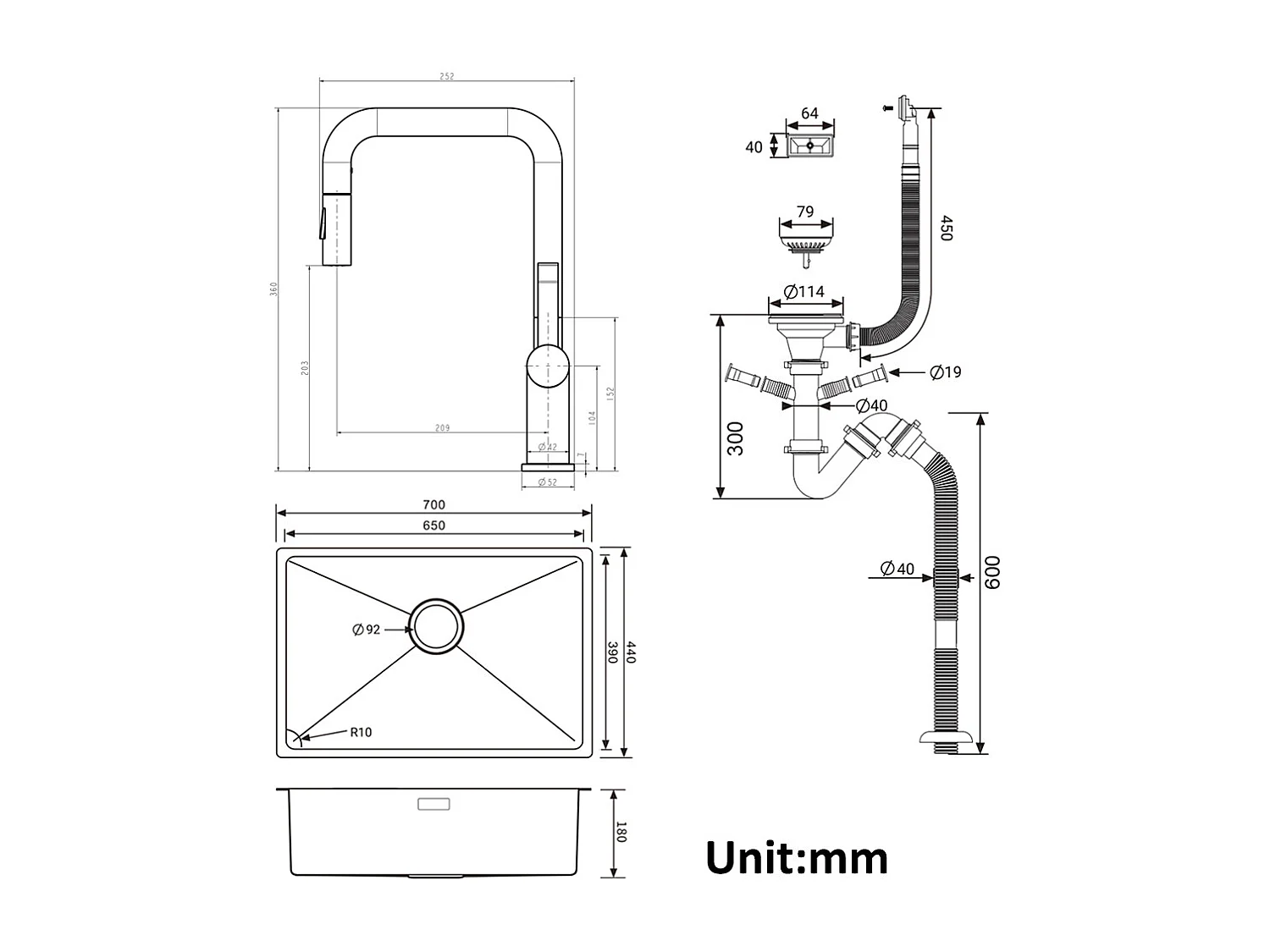 Évier Cuisine 1 Bac 70*44*19CM+Robinet de Cuisine avec Douchette Extractible Rotatif 360 °2 Fonctions, Barboteur démontable,Chromé