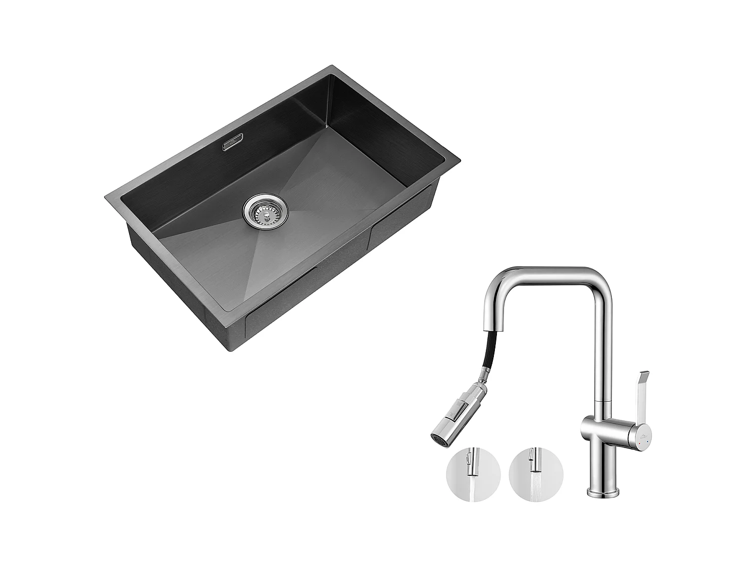 1 Becken Küchenspüle 70*44*19CM + Küchenarmatur mit ausziehbarer Brause 360° drehbar 2 Funktionen, abnehmbarer Sprudeler, Chrom