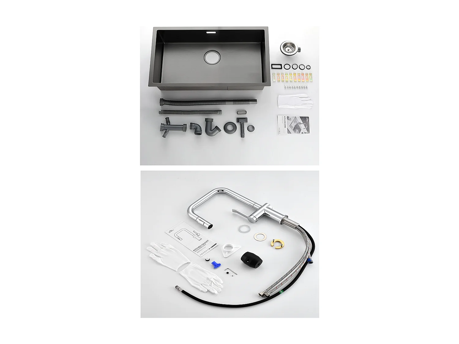 Évier Cuisine 1 Bac 70*44*19CM+Robinet de Cuisine avec Douchette Extractible Rotatif 360 °2 Fonctions, Barboteur démontable,Chromé