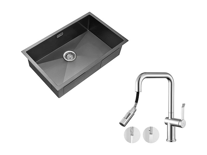 Évier Cuisine 1 Bac 70*44*19CM+Robinet de Cuisine avec Douchette Extractible Rotatif 360 °2 Fonctions, Barboteur démontable,Chromé