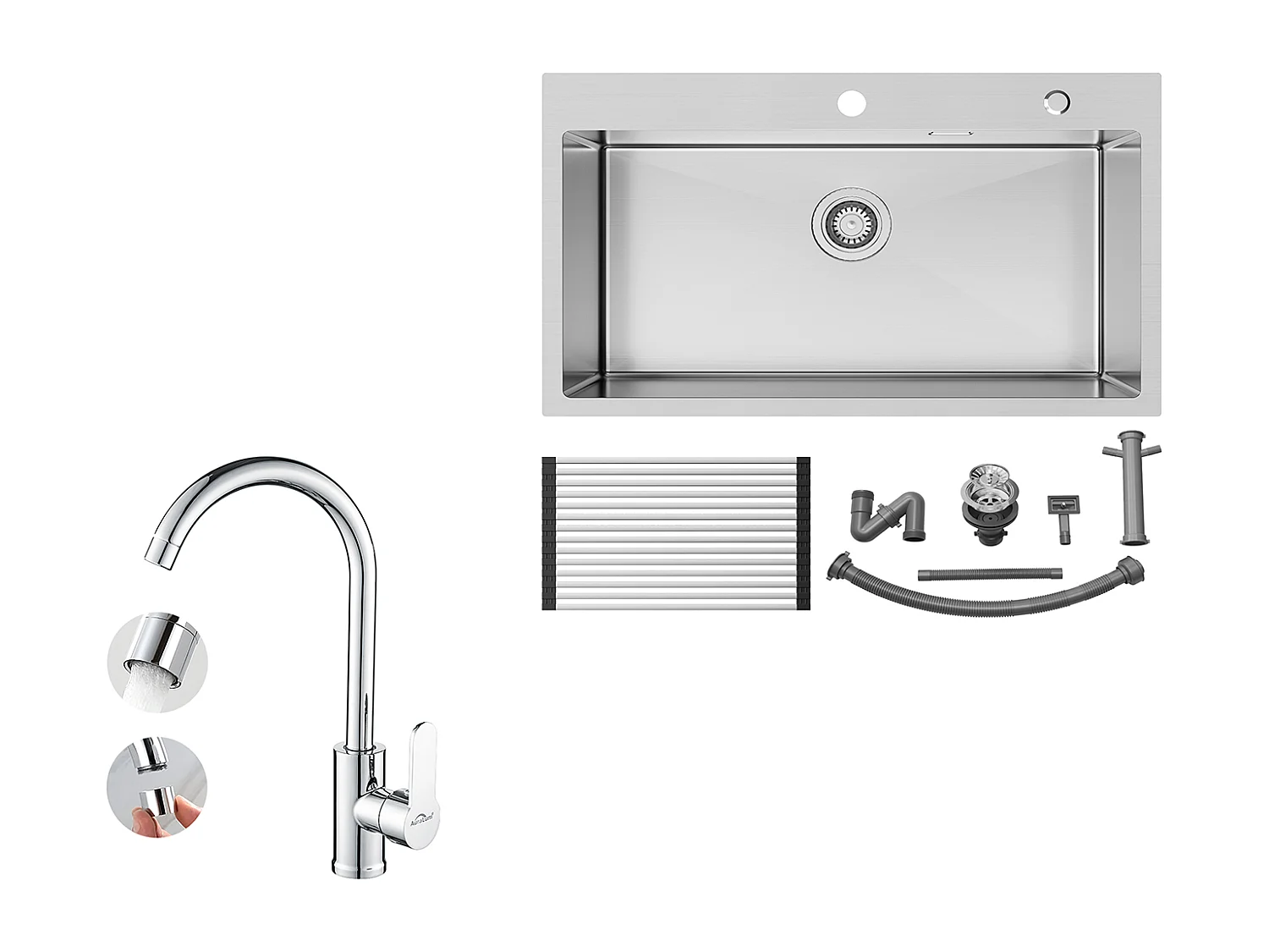 Auralum MAX Évier Cuisine 1 Cuve Inox Brossé75*45*19CM-Évier avec Égouttoir pliable+Elégant Mitigeur de Cuisine Auralum Chromé,Pivotant 360°