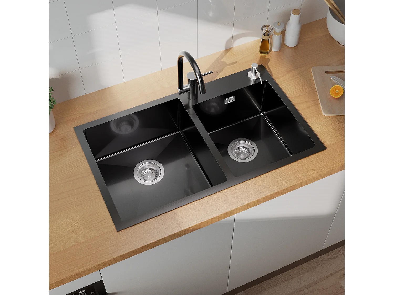 Lavello cucina 2 vasche in inox con 2 fori di montaggio Kit lavello da cucina con dosatore di sapone/sifone 75x45x19cm