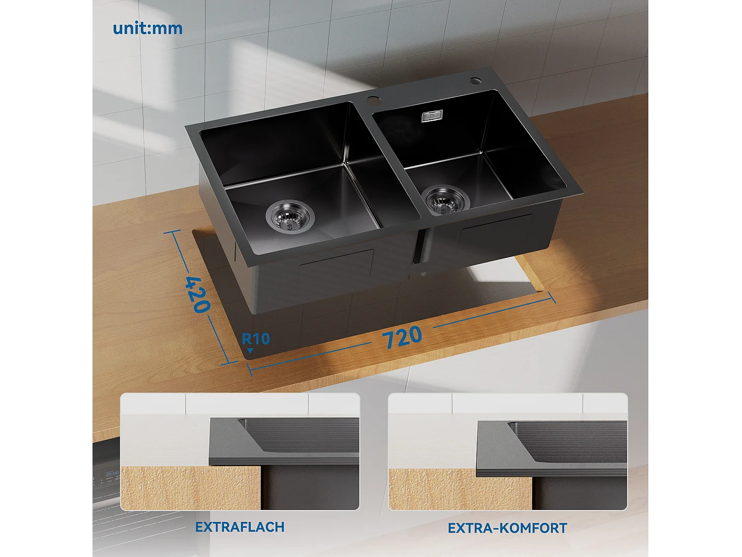 Lavello cucina 2 vasche in inox con 2 fori di montaggio Kit lavello da cucina con dosatore di sapone/sifone 75x45x19cm