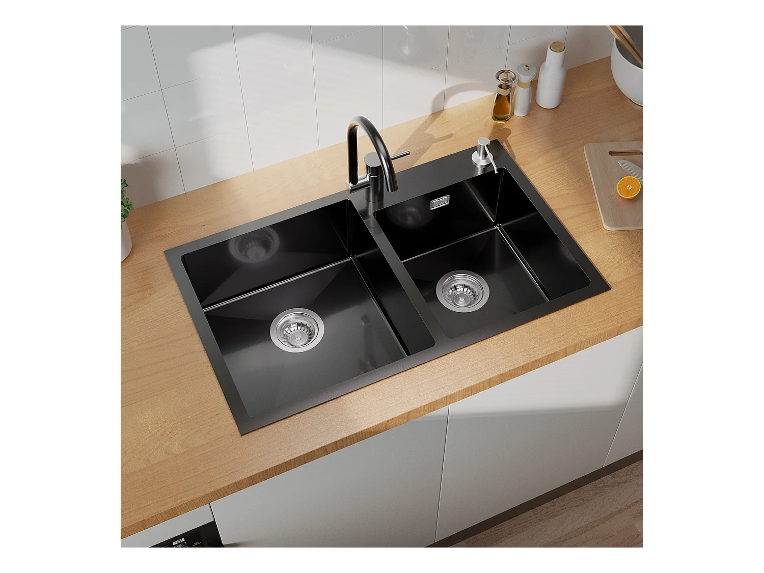 Evier de Cuisine en Inox Évier Double Bac avec 2 Trous de Montage Evier de Cuisine Kit avec Distributeur Savon/ Siphon, 75x45x19cm,Noir