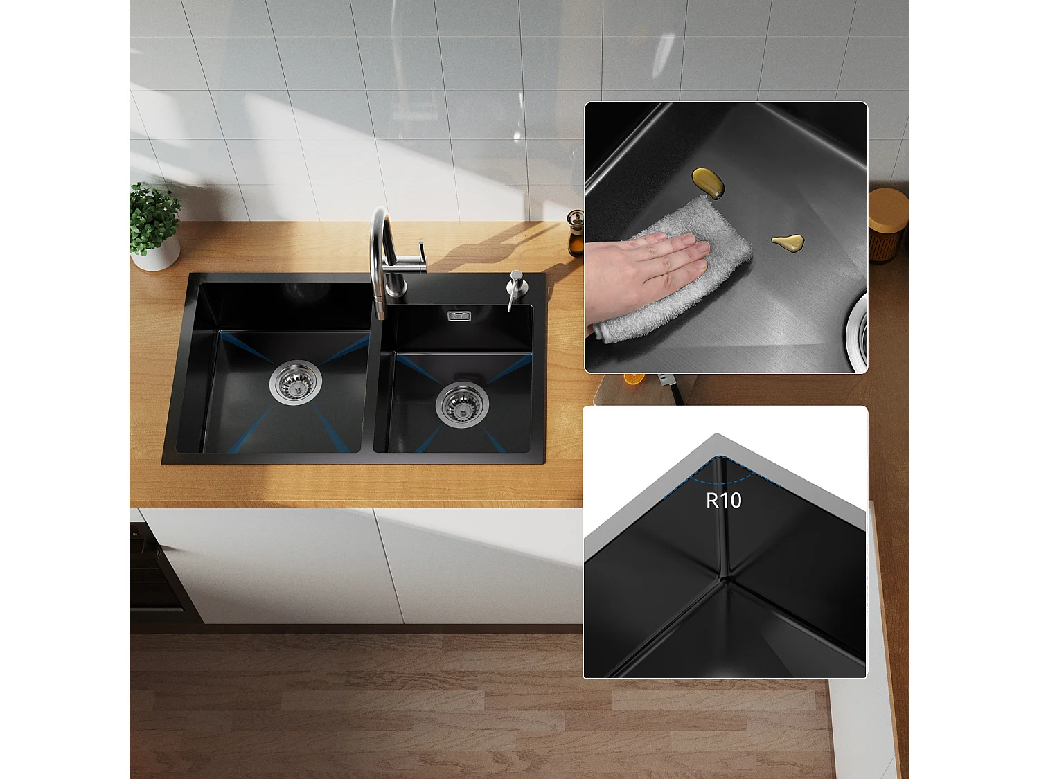 Evier de Cuisine en Inox Évier Double Bac avec 2 Trous de Montage Evier de Cuisine Kit avec Distributeur Savon/ Siphon, 75x45x19cm,Noir