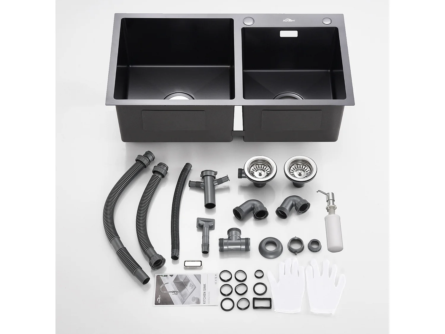 Evier de Cuisine en Inox Évier Double Bac avec 2 Trous de Montage Evier de Cuisine Kit avec Distributeur Savon/ Siphon, 75x45x19cm,Noir