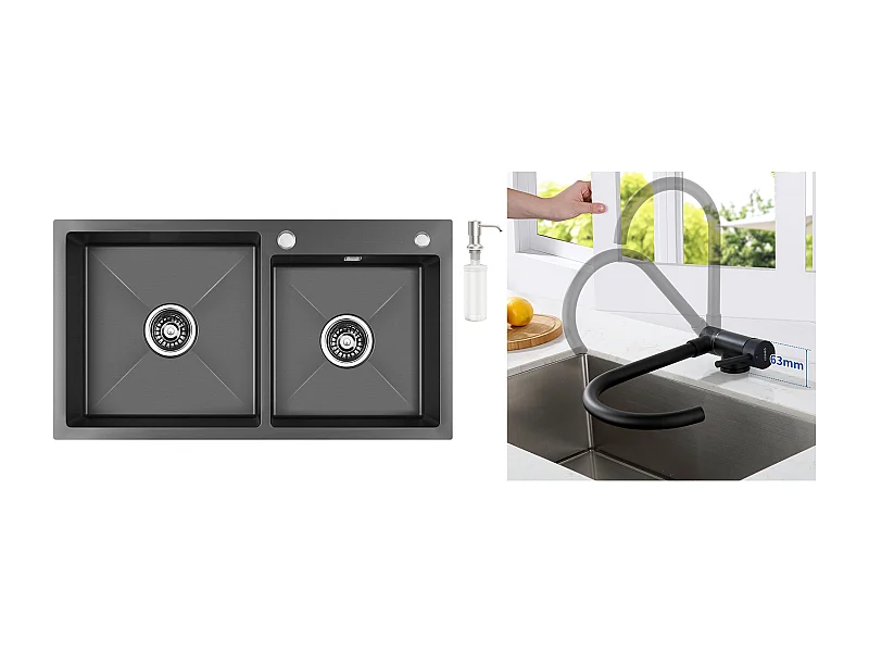 2in1 Küchenspüle 2 Becken, 75x45x19cm, Einbau/Aufputz mit Spülmittelspender + klappbarer Küchenarmatur, 360° schwenkbar, schwarz