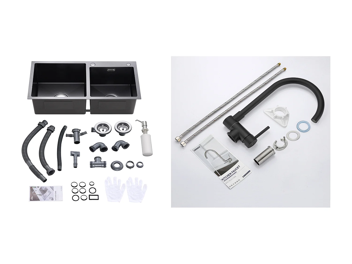 2in1 Küchenspüle 2 Becken, 75x45x19cm, Einbau/Aufputz mit Spülmittelspender + klappbarer Küchenarmatur, 360° schwenkbar, schwarz