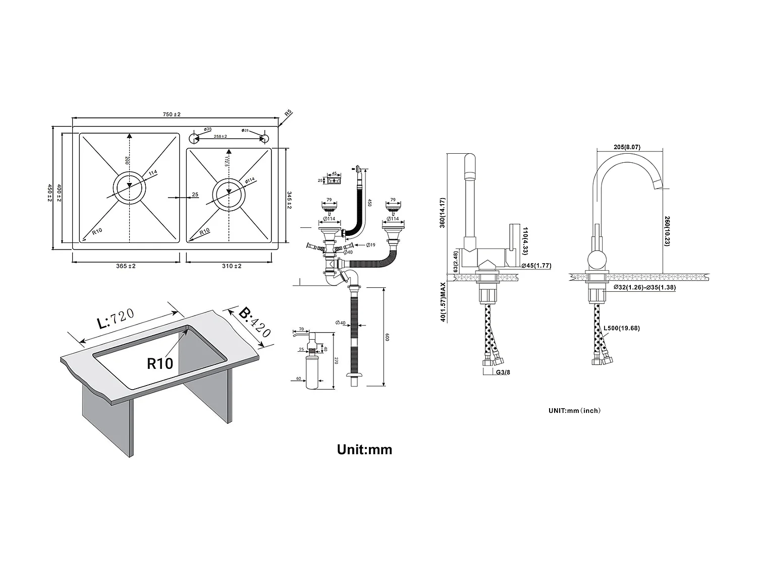 2in1 Aanrecht 2 Bakken,75x45x19cm,Inbouw/Vrijstaand met Zeepdispenser+Opklapbare Keukenmengkraan, 360° draaibaar, Zwart