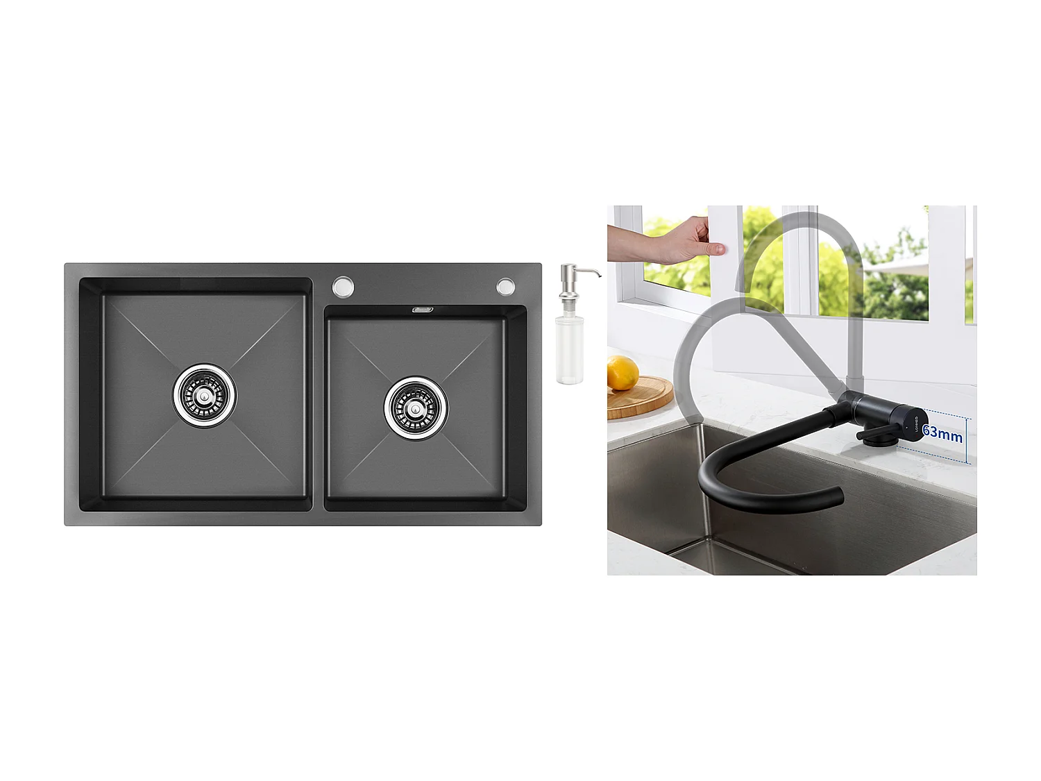2en1 Évier de Cuisine 2 Bacs,75x45x19cm,Encastré/ à Poser avec Distributeur Savon+Mitigeur Cuisine  Rabattable,Pivotant à 360°,Noir