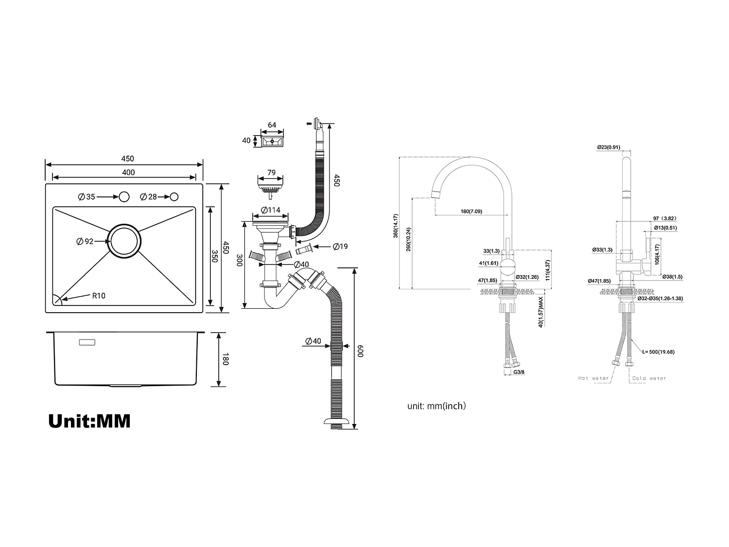 Évier Cuisine 1 Bac 45x45CM Acier Inoxydable 304 ,encastré et à Poser+Robinet de Cuisine Noir Douchette Extractible à 2 Jets