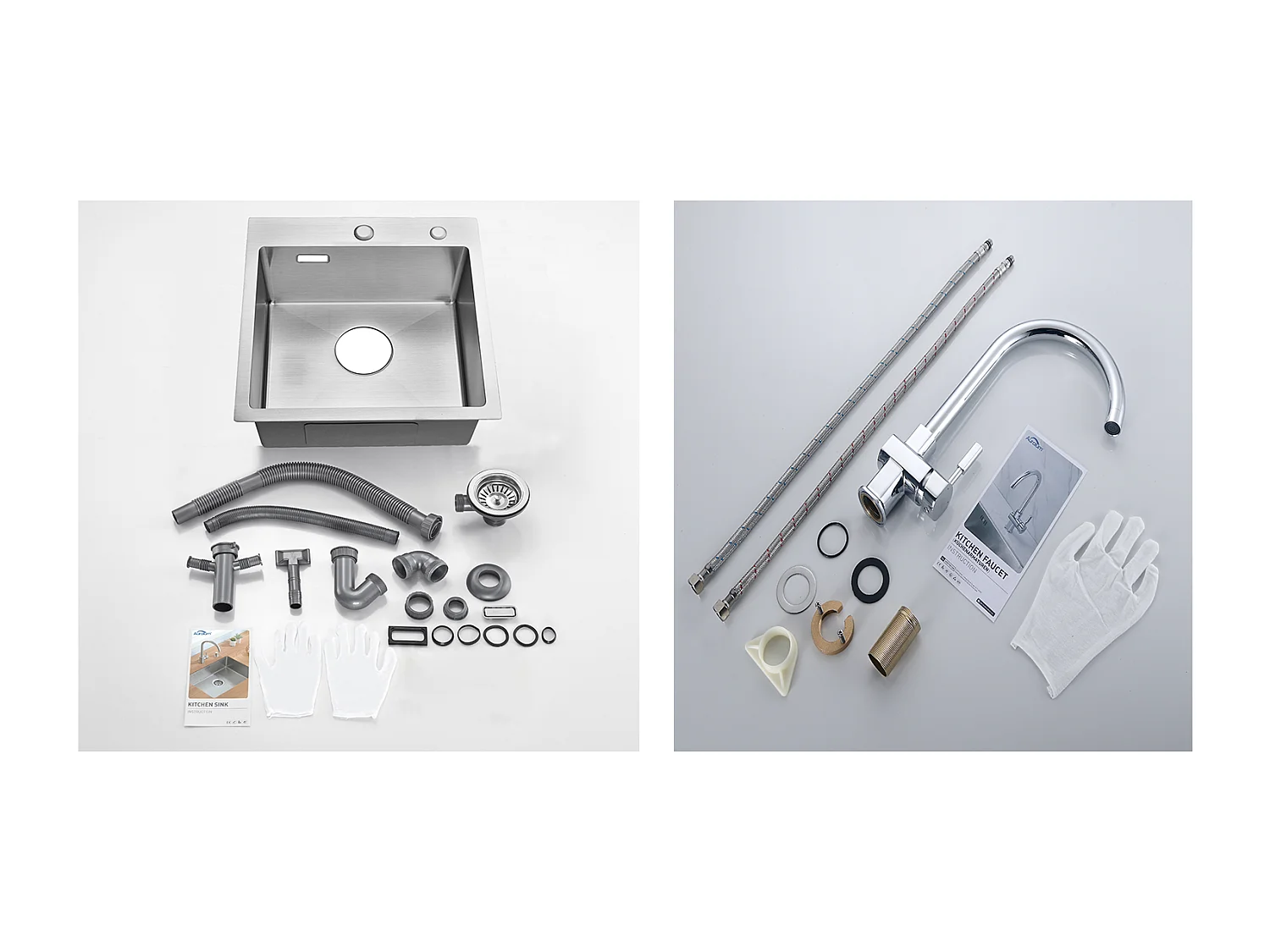 Évier Cuisine 1 Bac 45x45CM Acier Inoxydable 304 ,encastré et à Poser+Robinet de Cuisine Noir Douchette Extractible à 2 Jets