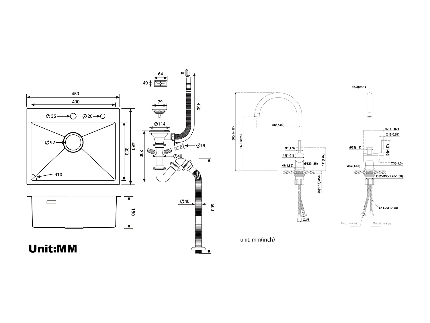 Évier Cuisine 1 Bac 45x45CM Acier Inoxydable 304 ,encastré et à Poser+Robinet de Cuisine Noir Douchette Extractible à 2 Jets