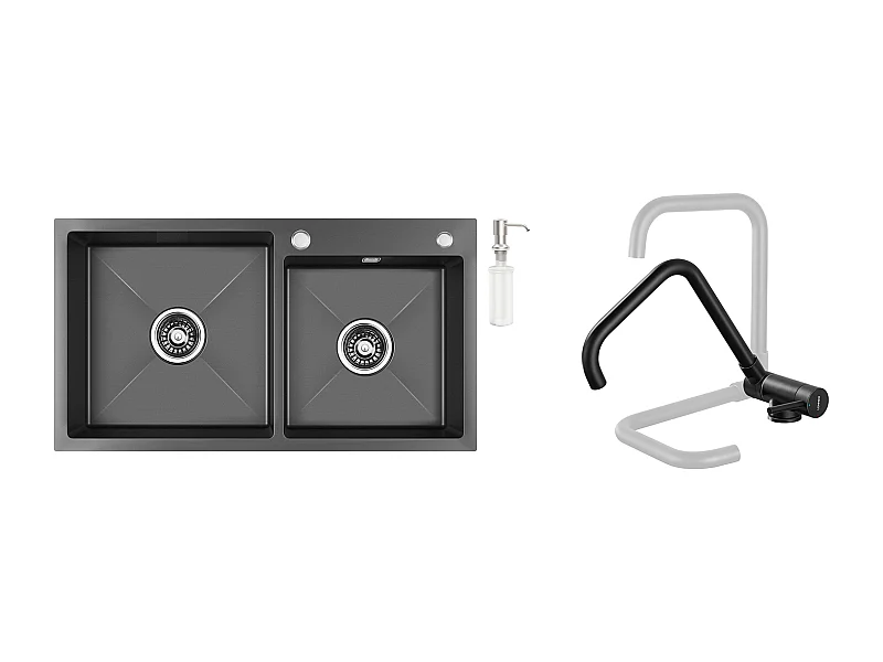 2in1 Küchenspüle 2 Becken, 75x45x19cm, Einbauspüle/Aufsatzspüle mit Spülmittelspender + 360° schwenkbarer Klapp-Küchenarmatur, Schwarz