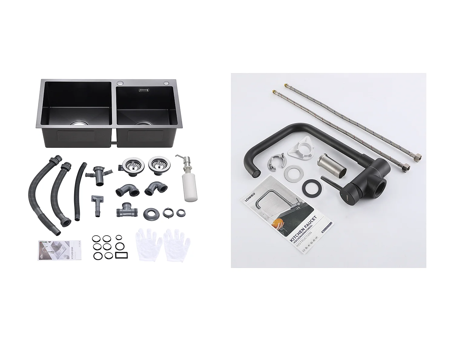 2en1 Fregadero de Cocina 2 Contenedores,75x45x19cm,Empotrado/para Colocar con Dispensador Jabón+Mezclador CuIsine Plegable Girante 360°, Negro