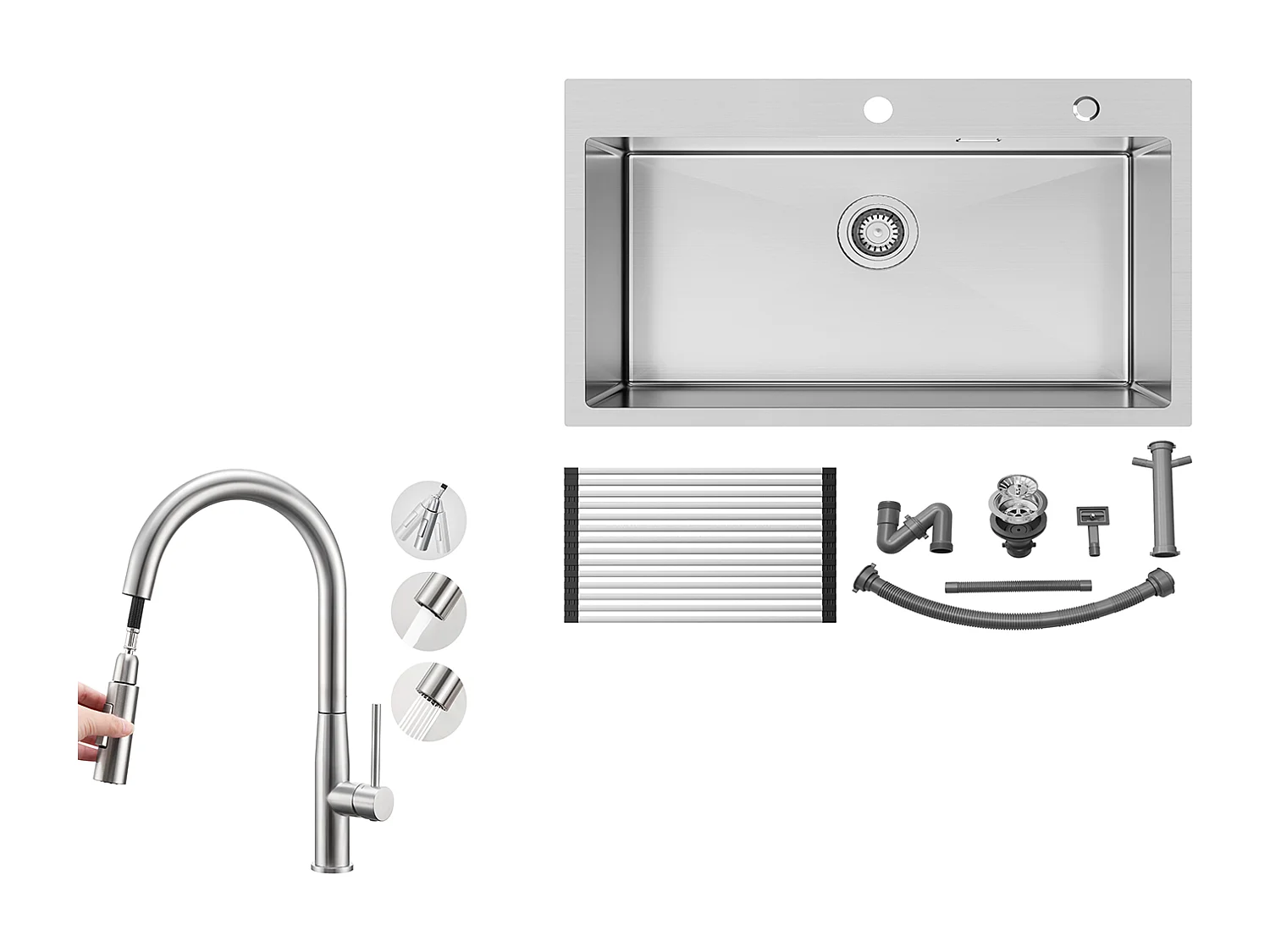 Fregadero Cocina 1 Tanque INox Cepillado75*45*19CM-Fregadero con Escurridor plegable+Grife Cocina con Ducha Extraíble,2 Modos Jets,Cepillado