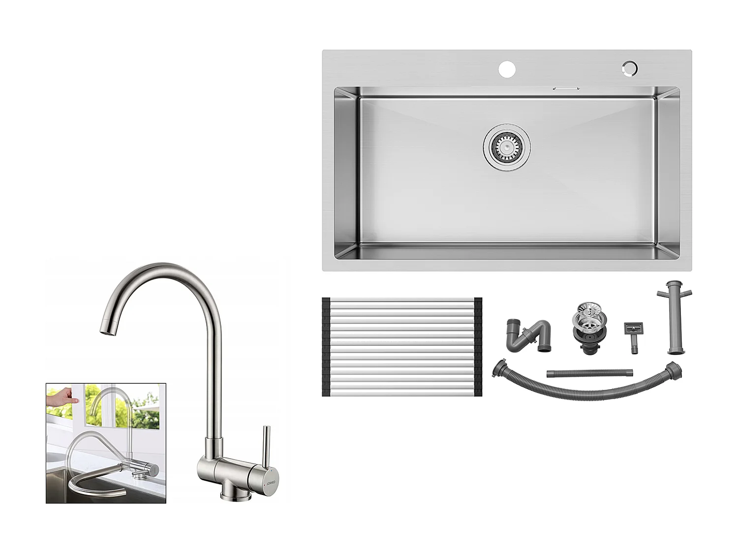 Auralum MAX Évier Cuisine 1 Cuve Inox Brossé75*45*19CM-Évier 1 Bac avec Égouttoir pliable+Mitigeur Cuisine Rabattable Pivotant 360° Eau froid Chaud