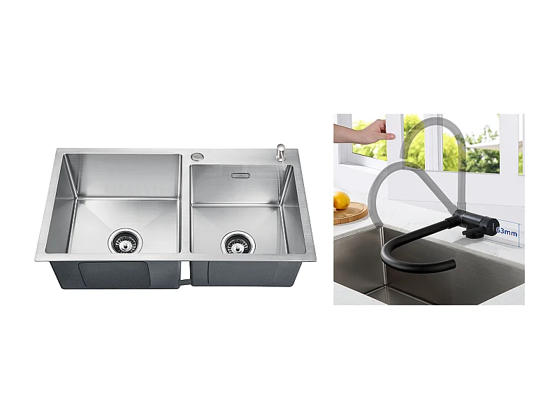 2 en 1 Évier Cuisine 2 Bac 75x45x19cm,Encastré/ à Poser avec Distributeur  Savon+Mitigeur Cuisine Acier Inox Rabattable Pivotant 360° ,Noir