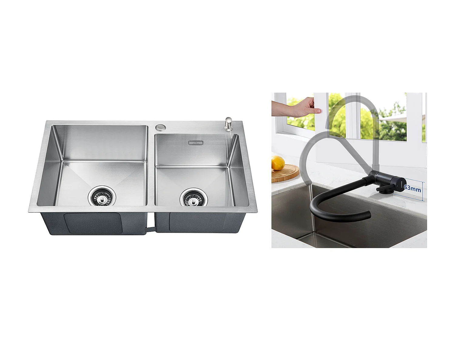 2 en 1 Évier Cuisine 2 Bac 75x45x19cm,Encastré/ à Poser avec Distributeur  Savon+Mitigeur Cuisine Acier Inox Rabattable Pivotant 360° ,Noir