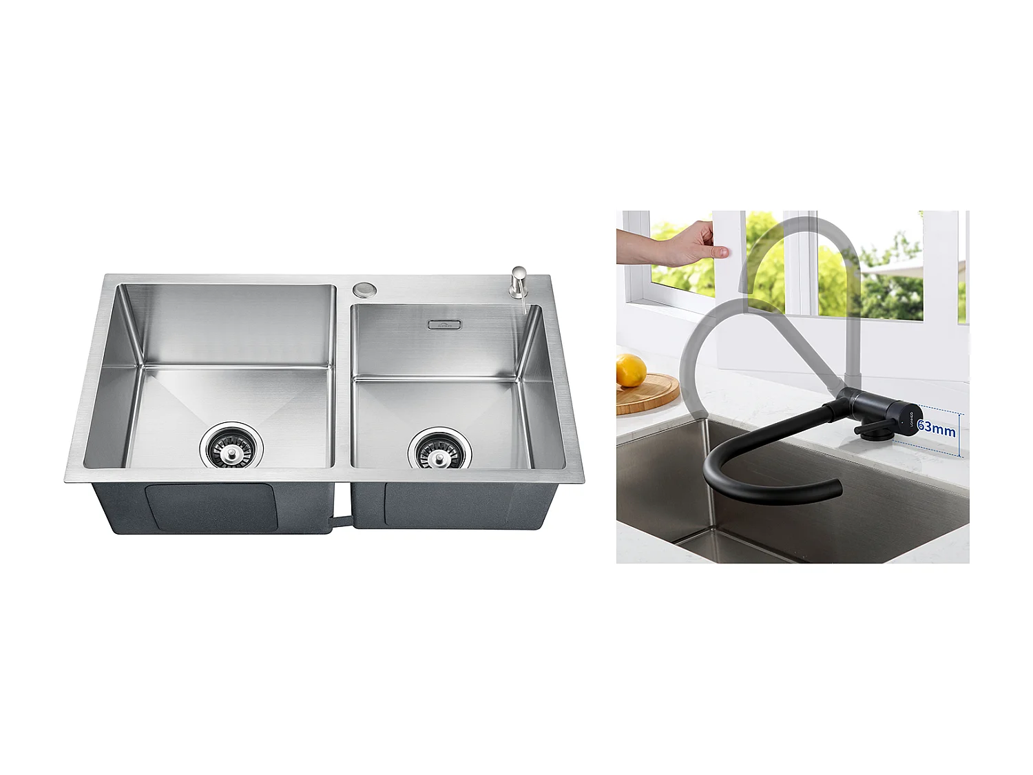 Fregadero Cocina 2 Bandeja 75x45x19cm,Empotrado/para colocar aCon Dispensador  jabón+Mezclador cocina Acero inoxidable Plegable Giratorio 360°,Negro