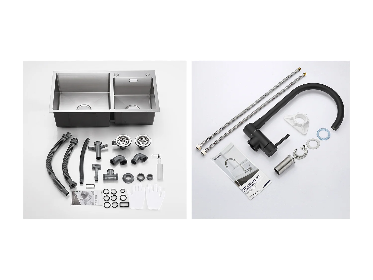 Fregadero Cocina 2 Bandeja 75x45x19cm,Empotrado/para colocar aCon Dispensador  jabón+Mezclador cocina Acero inoxidable Plegable Giratorio 360°,Negro