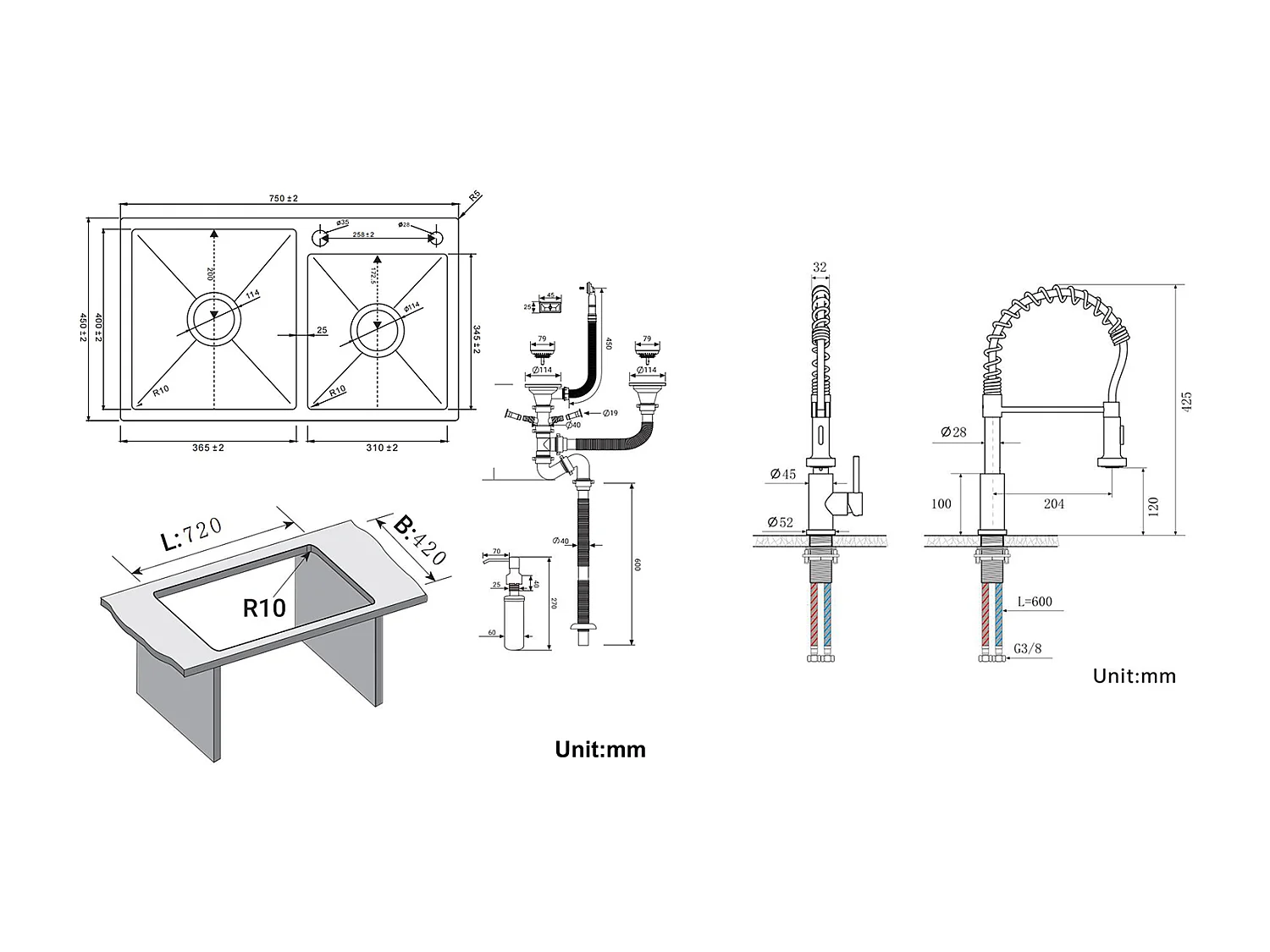 2en1 Évier Cuisine 2 Bac ,Noir,75x45x19cm,Encastré/ à Poser avec DistributeurSavon+Robinet Cuisine avec Douchette Extensible,2 Modes,Brossé