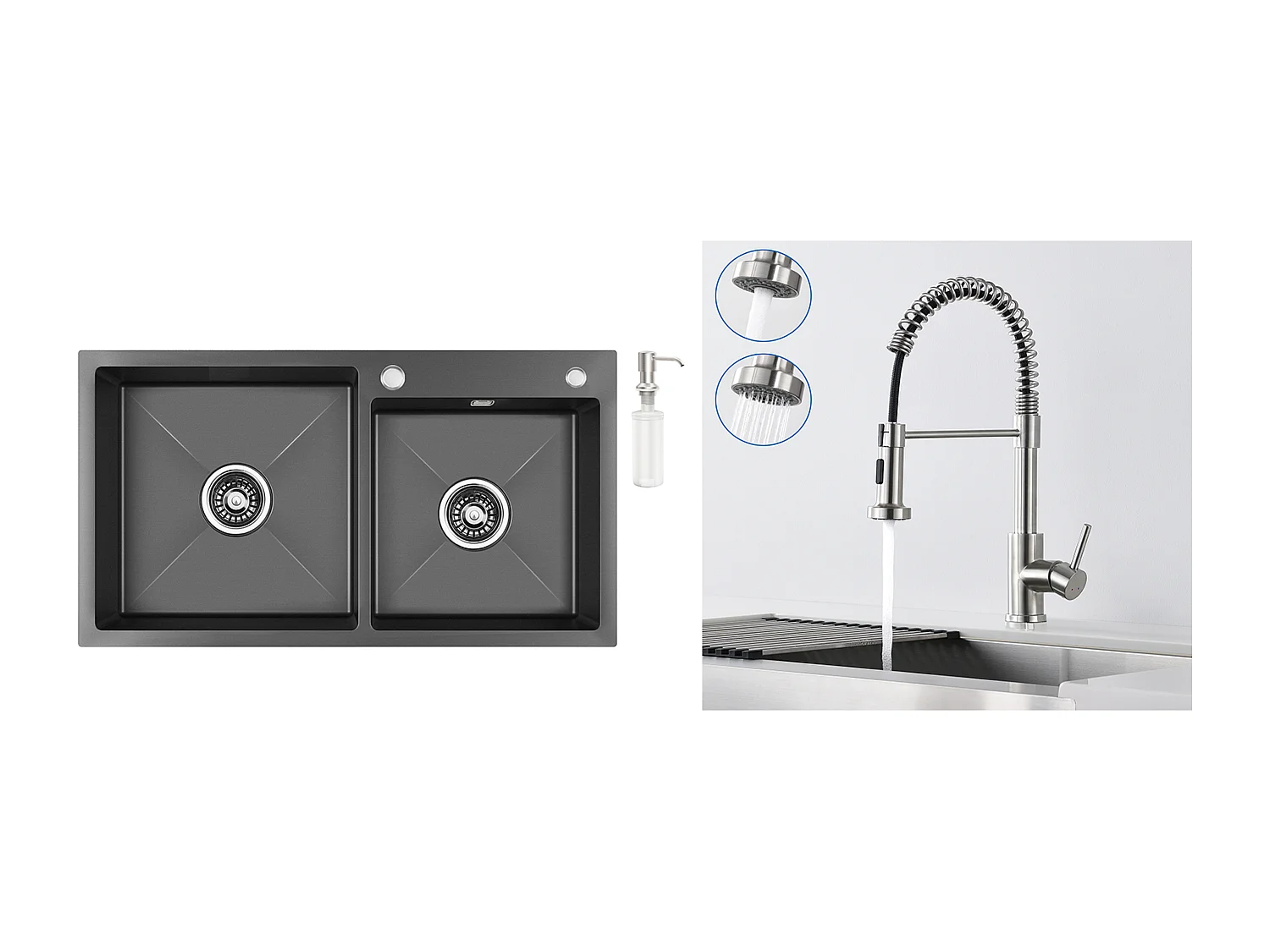 2en1 Évier Cuisine 2 Bac ,Noir,75x45x19cm,Encastré/ à Poser avec DistributeurSavon+Robinet Cuisine avec Douchette Extensible,2 Modes,Brossé
