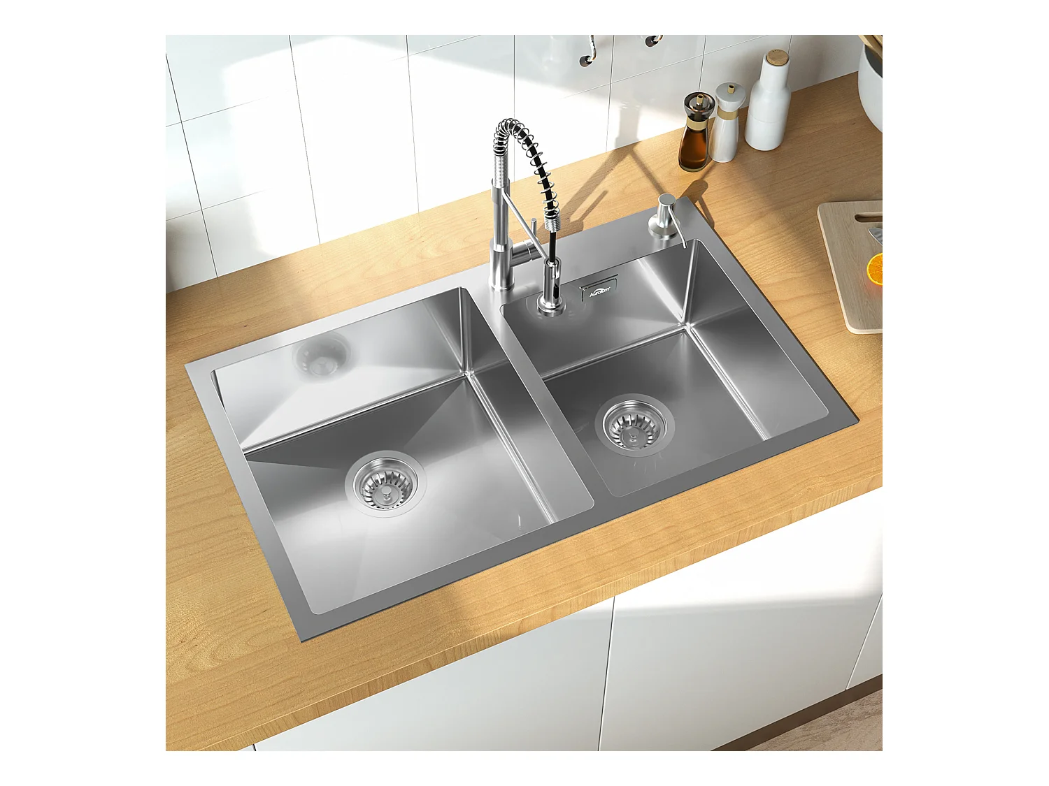 Aanrecht 2 Bak 75x45x19cm, Inbouw/ Opbouw met Zeepdispenser+ Keukenkraan met Uitschuifbare Handdouche, 2 Modi, Geborsteld