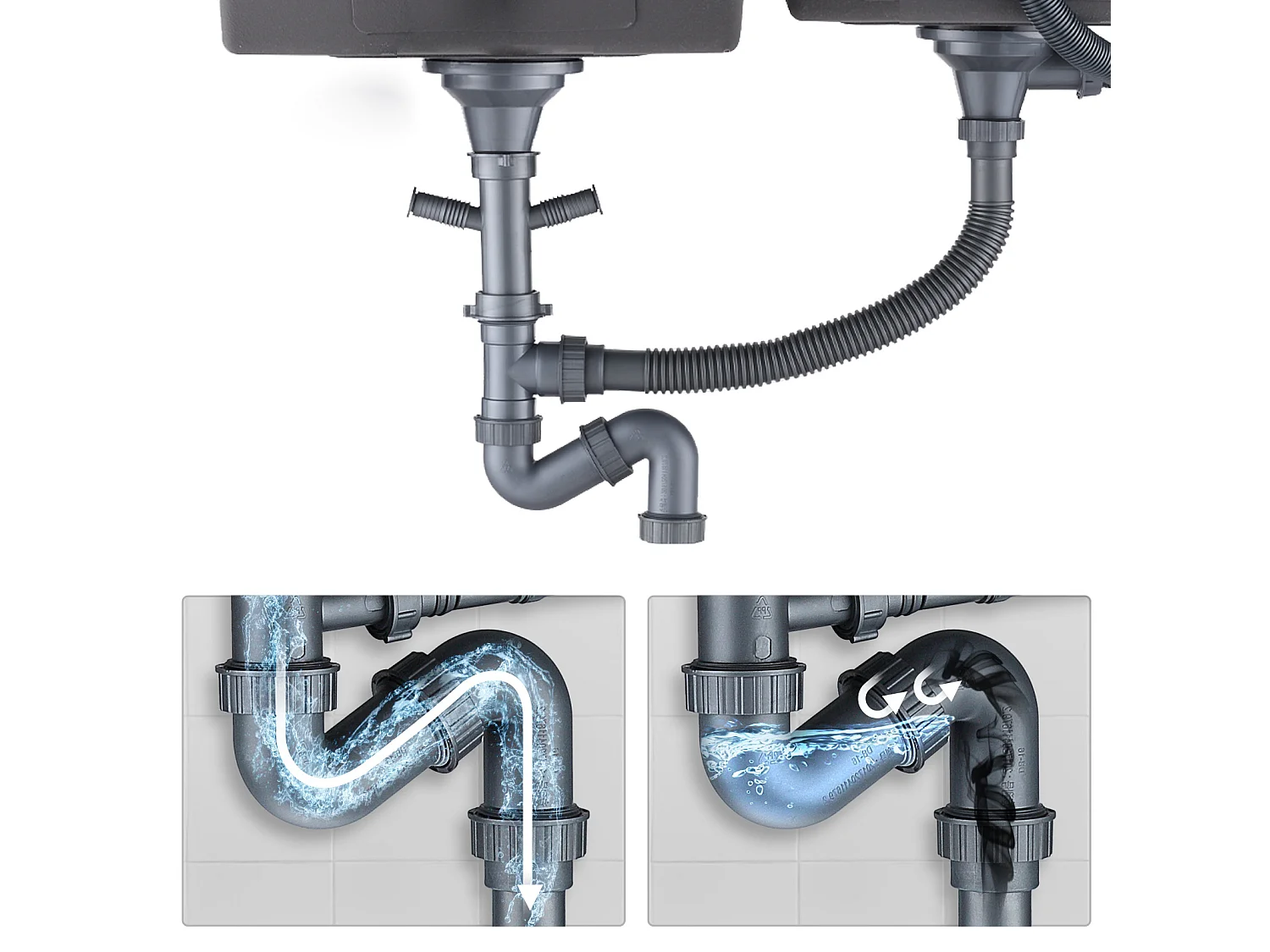 Aanrecht 2 Bak 75x45x19cm, Inbouw/ Opbouw met Zeepdispenser+ Keukenkraan met Uitschuifbare Handdouche, 2 Modi, Geborsteld