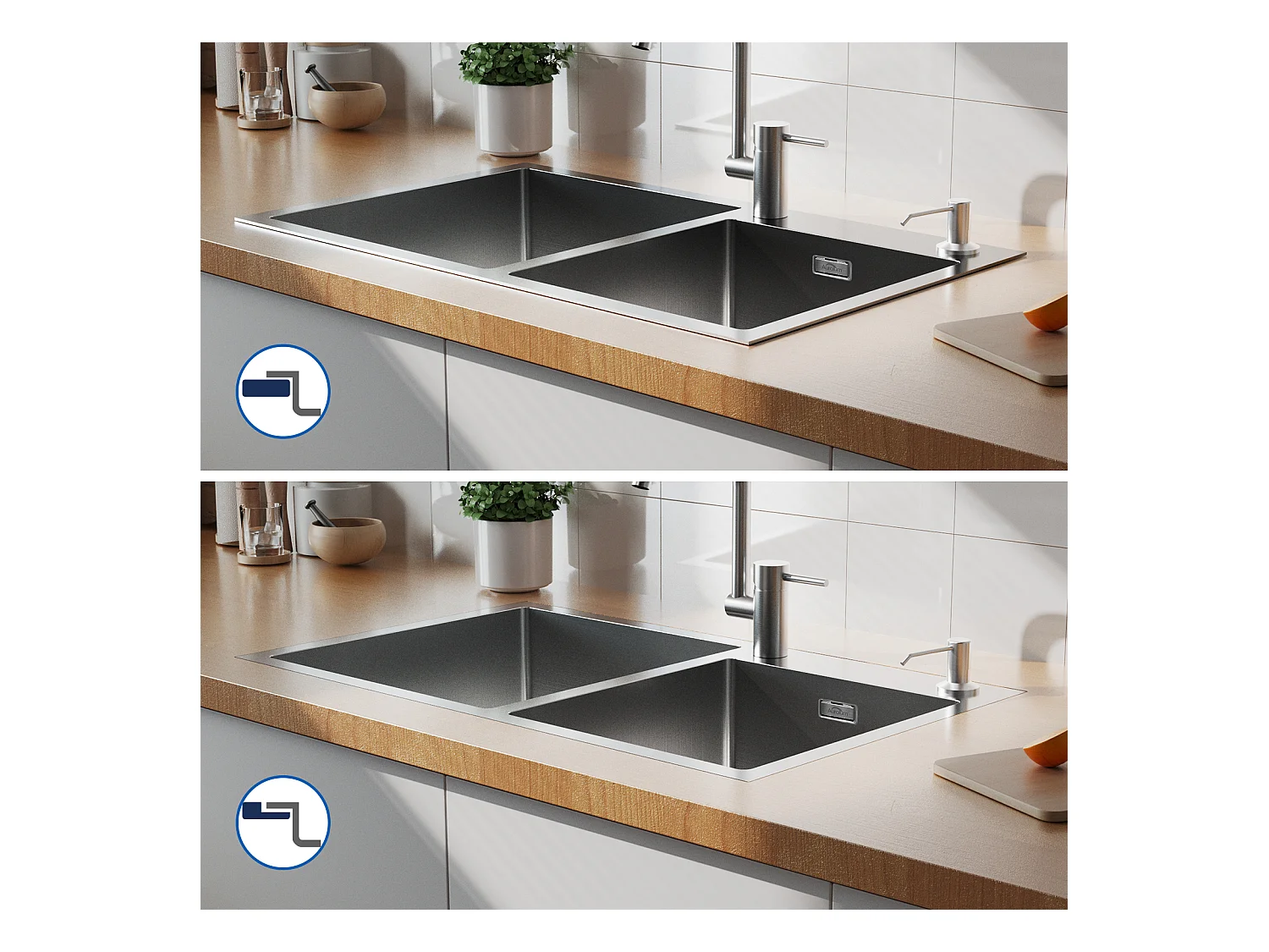 Aanrecht 2 Bak 75x45x19cm, Inbouw/ Opbouw met Zeepdispenser+ Keukenkraan met Uitschuifbare Handdouche, 2 Modi, Geborsteld